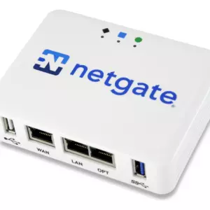 Netgate 1100 - מבט עליון בזווית, עם פורטי WAN, LAN ו-OPT