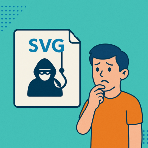 איור של משתמש מייל שקיבל קובץ SVG שנראה תמים אבל הוא בעצם זדוני. ההאקר ששלח את הקובץ מאוייר בתוף סימן הדף.